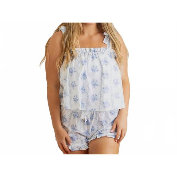 NEW 8 OAK LANE vine tie top ruffle floral pajama set in blue - Picture 1 of 3